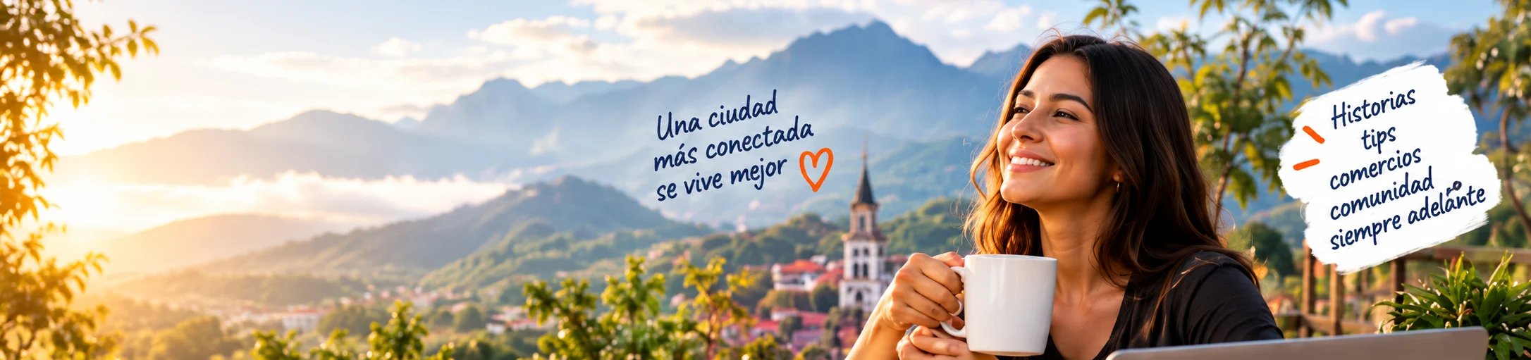 Una vecina de Puyo disfruta un café frente al paisaje de la ciudad al amanecer.